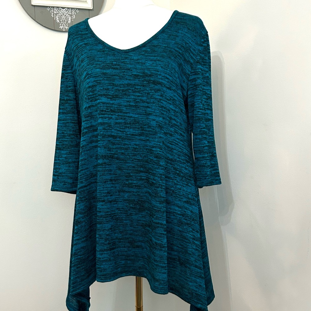V-Neck Tunic Sift Knit Sweater Lightweight Shark-bite  Marled Teal/Black Size 1X